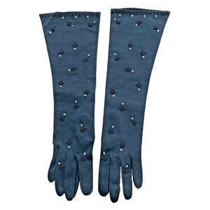 Gimbels Hong Kong Bead & Rhinestone Black Cotton Dressy Elbow Gloves 6.5 Vintage